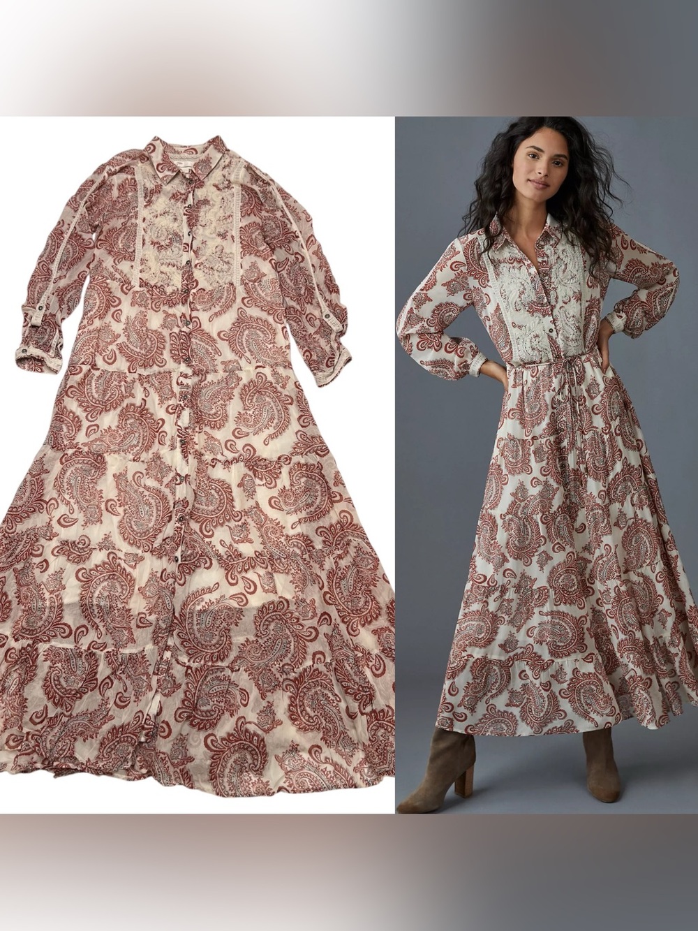 Anthropologie Allaire Paisley Maxi Shirt Dress Sz Large Romantic Boho Lace